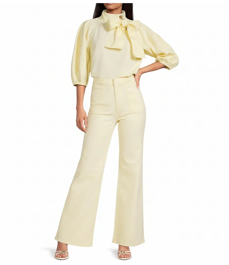 A Loves A Denim Neck Tie 3/4 Puffed Sleeve Pleated Shoulder Top