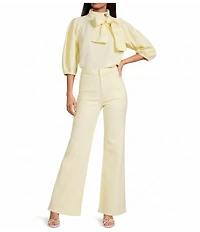 A Loves A Denim Neck Tie 3/4 Puffed Sleeve Pleated Shoulder Top