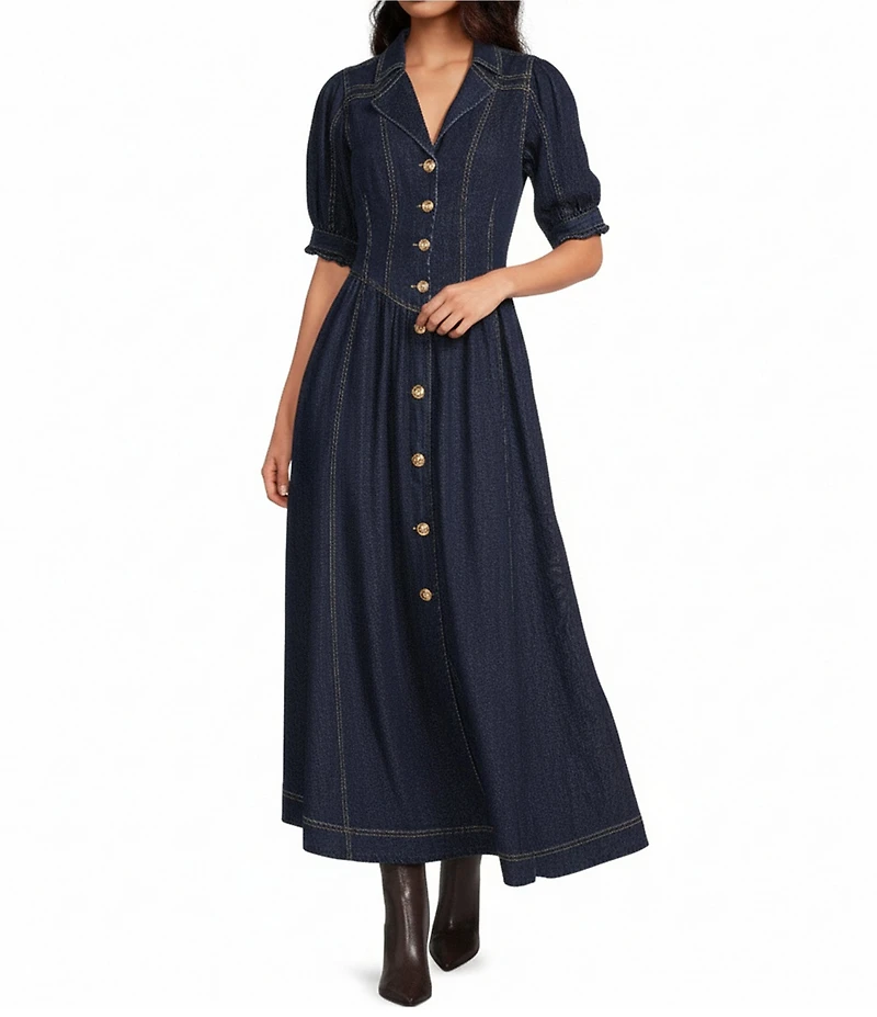 A Loves A Denim Notch Lapel 3/4 Bubble Sleeve Button Front Basque Waist Fit and Flare A-Line Maxi Dress