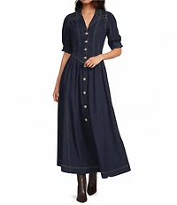 A Loves A Denim Notch Lapel 3/4 Bubble Sleeve Button Front Basque Waist Fit and Flare A-Line Maxi Dress