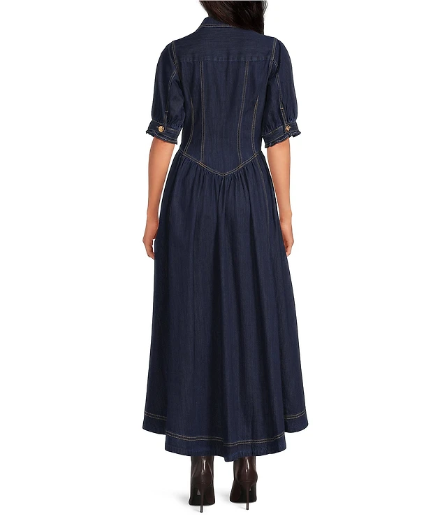 A Loves A Denim Notch Lapel 3/4 Bubble Sleeve Button Front Basque Waist Fit and Flare A-Line Maxi Dress at Hamilton Place in Chattanooga, TN A Loves A Denim Notch Lapel 3/4 Bubble Sleeve Button Front Basque Waist Fit and Flare A-Line Maxi Dress at Hamilton Place in Chattanooga, TN