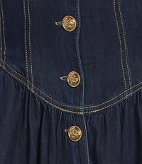 A Loves A Denim Notch Lapel 3/4 Bubble Sleeve Button Front Basque Waist Fit and Flare A-Line Maxi Dress