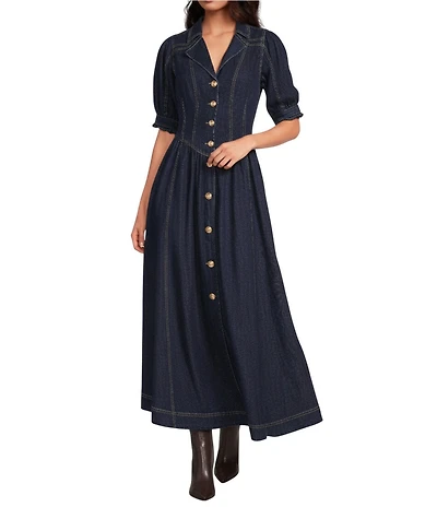 A Loves A Denim Notch Lapel 3/4 Bubble Sleeve Button Front Basque Waist Fit and Flare A-Line Maxi Dress