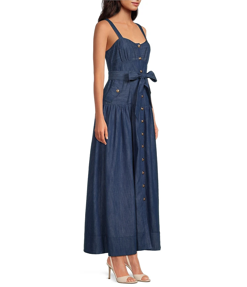 A Loves A Denim Sweetheart Neck Sleeveless Button Front A-Line Maxi Dress