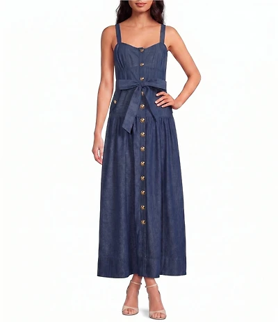 A Loves A Denim Sweetheart Neck Sleeveless Button Front A-Line Maxi Dress