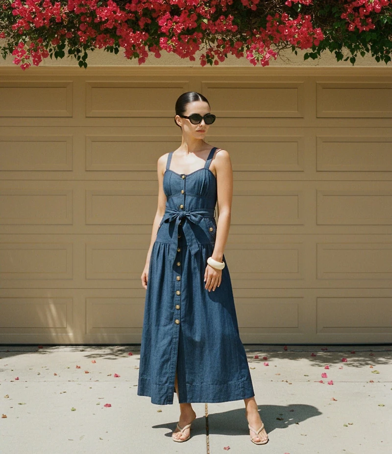 A Loves A Denim Sweetheart Neck Sleeveless Button Front A-Line Maxi Dress