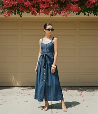 A Loves A Denim Sweetheart Neck Sleeveless Button Front A-Line Maxi Dress