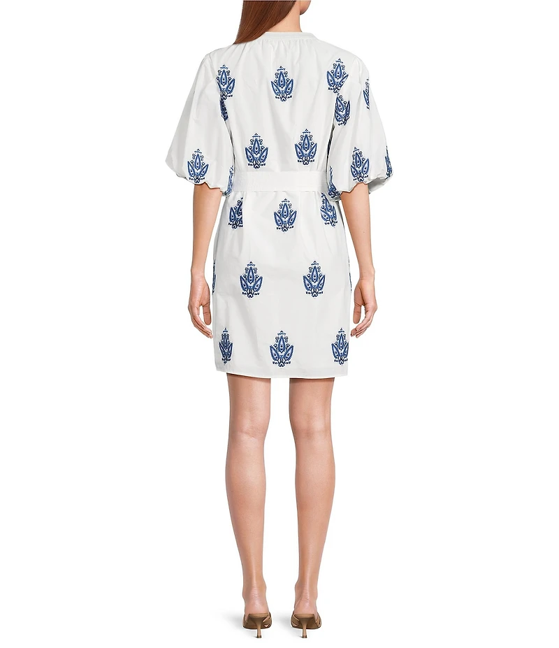 A Loves A Embroidered Paisley Mandarin Collar Short Bubble Sleeve Button Front Tie Waist Sheath Dress