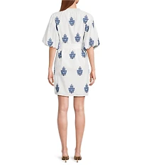 A Loves A Embroidered Paisley Mandarin Collar Short Bubble Sleeve Button Front Tie Waist Sheath Dress