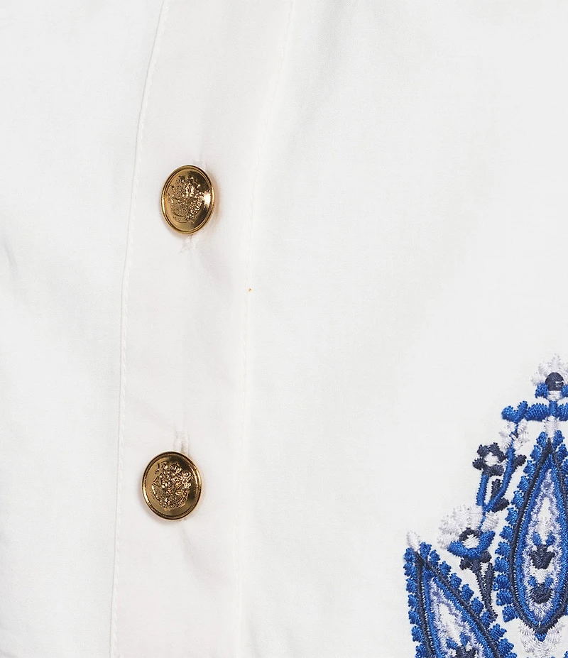 A Loves A Embroidered Paisley Mandarin Collar Short Bubble Sleeve Button Front Tie Waist Sheath Dress