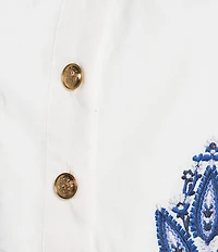 A Loves A Embroidered Paisley Mandarin Collar Short Bubble Sleeve Button Front Tie Waist Sheath Dress