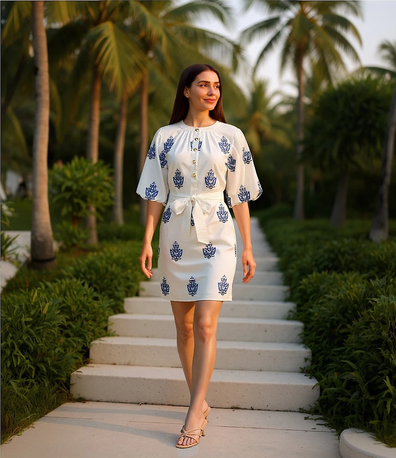 A Loves A Embroidered Paisley Mandarin Collar Short Bubble Sleeve Button Front Tie Waist Sheath Dress