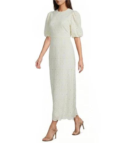 A Loves A Embroidered Round Neck Long Bubble Sleeve A-Line Maxi Dress
