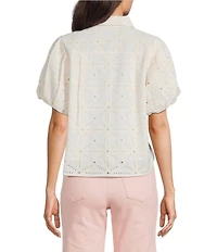 A Loves A Embroidered Shirt Collar Short Bubble Sleeve Button Front Shirt