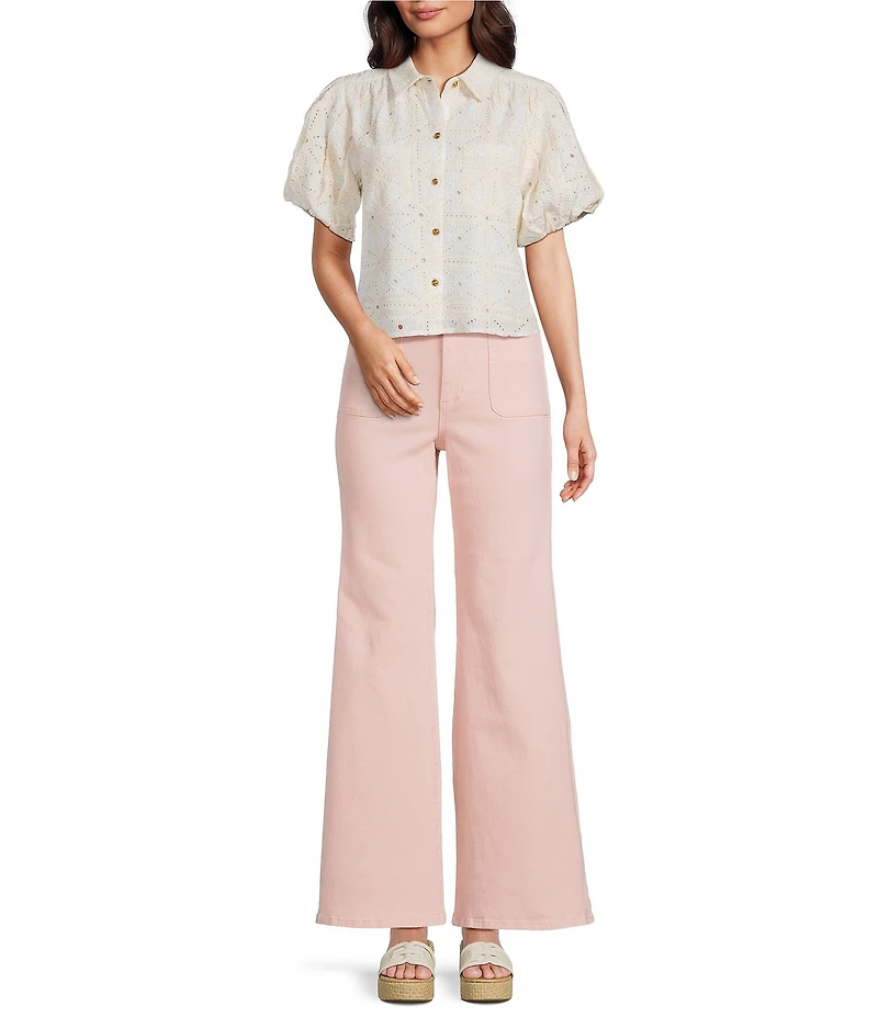 A Loves A Embroidered Shirt Collar Short Bubble Sleeve Button Front Shirt