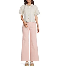 A Loves A Embroidered Shirt Collar Short Bubble Sleeve Button Front Shirt