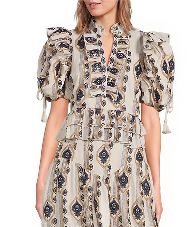 A Loves A Embroidered V Neck Short Bubble Sleeve Woven Blouse