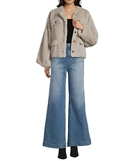 A Loves A Faux Fur Round Neck Long Bubble Sleeve Button Front Jacket