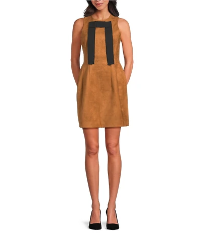 A Loves A Faux Suede Bow Front Round Neck Sleeveless A-Line Mini Dress