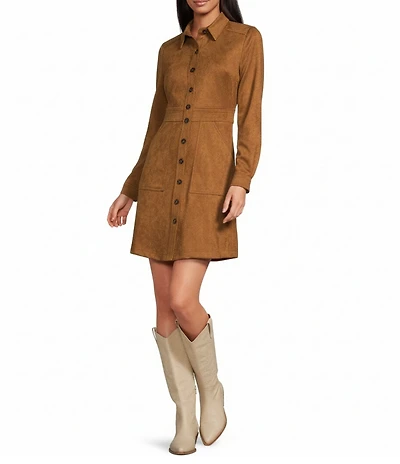 A Loves A Faux Suede Button Front Long Sleeve Mini Shirt Dress