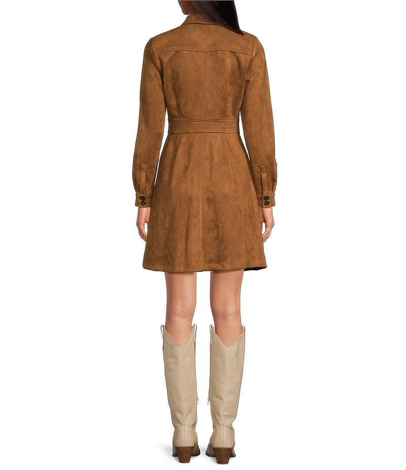 A Loves A Faux Suede Button Front Long Sleeve Mini Shirt Dress