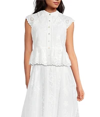 A Loves A Floral Lace Mandarin Collar Sleeveless Button Front Ruffle Hem Top