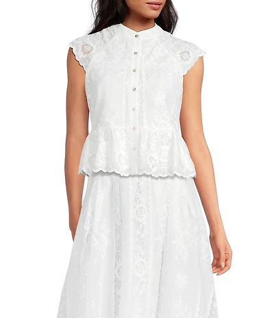 A Loves A Floral Lace Mandarin Collar Cap Sleeve Button Coordinating Front Ruffle Hem Top