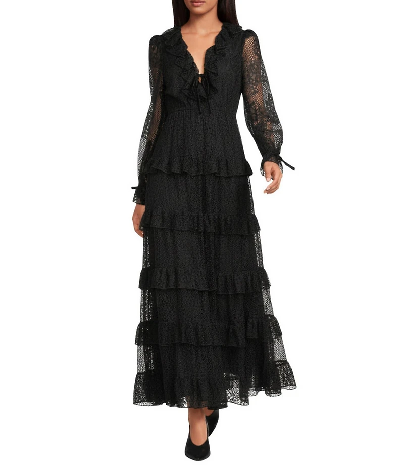 A Loves A Floral Lace Ruffle Trim Deep V-Neck Bow Front Tiered A-Line Flounce Maxi Dress