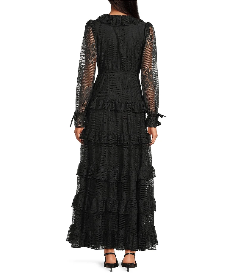 A Loves A Floral Lace Ruffle Trim Deep V-Neck Bow Front Tiered A-Line Flounce Maxi Dress