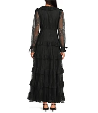 A Loves A Floral Lace Ruffle Trim Deep V-Neck Bow Front Tiered A-Line Flounce Maxi Dress