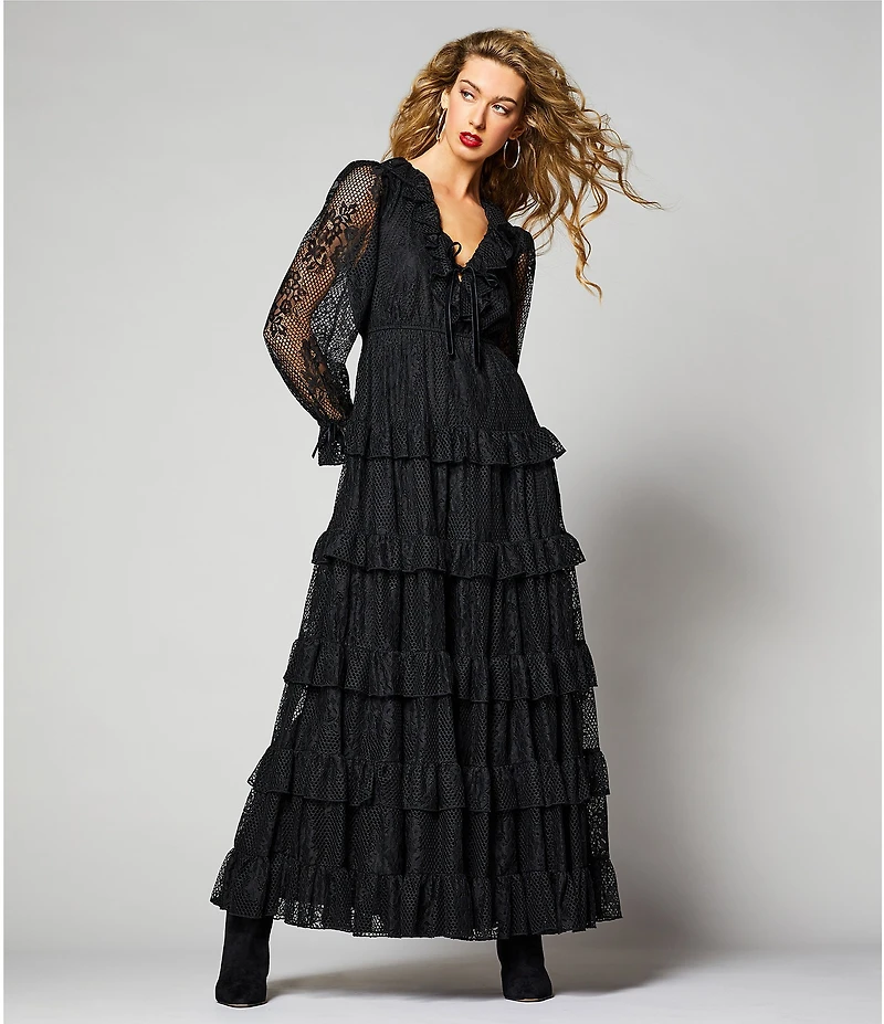 A Loves A Floral Lace Ruffle Trim Deep V-Neck Bow Front Tiered A-Line Flounce Maxi Dress
