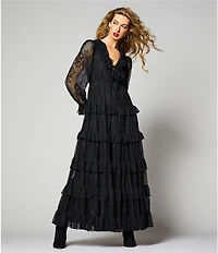 A Loves A Floral Lace Ruffle Trim Deep V-Neck Bow Front Tiered A-Line Flounce Maxi Dress