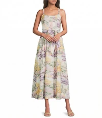 A Loves A Floral Landscape Print Square Neck Tank Strap Self Tie Belt A-Line Maxi Dress
