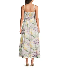 A Loves A Floral Landscape Print Square Neck Tank Strap Self Tie Belt A-Line Maxi Dress