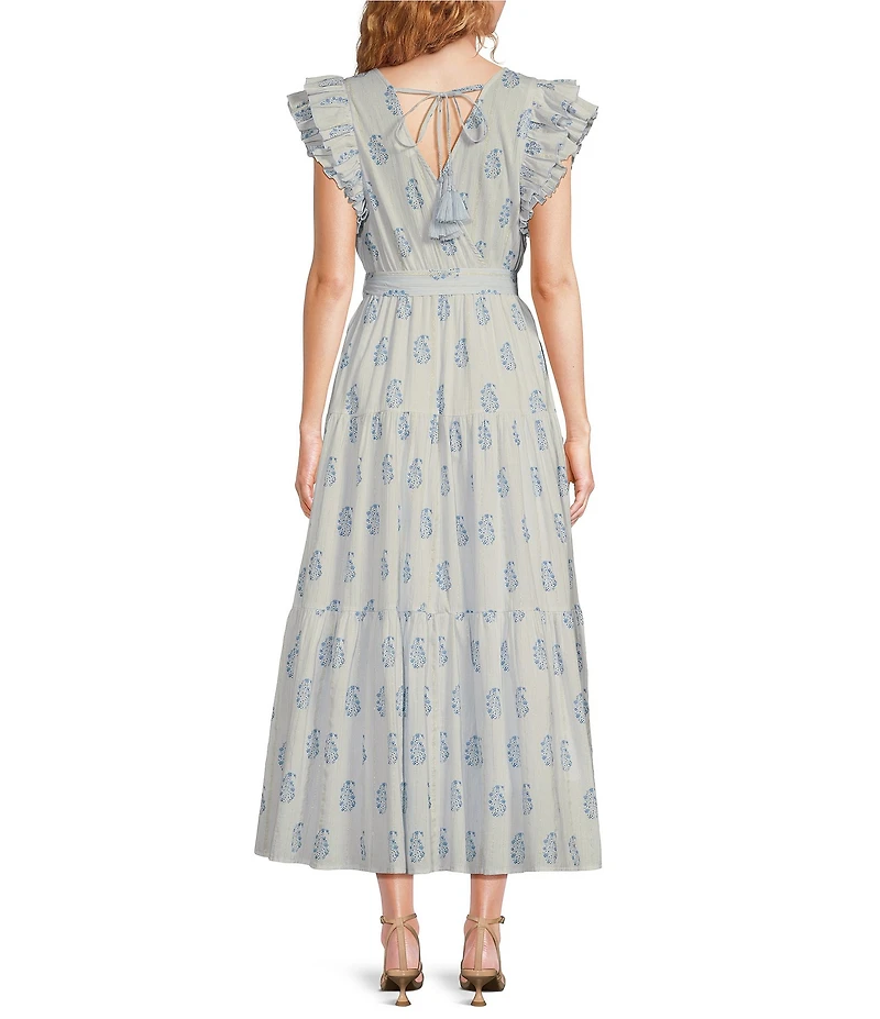 A Loves A Floral Metallic Paisley Print Surplice V-Neck Short Ruffled Sleeve Tiered Maxi Dress