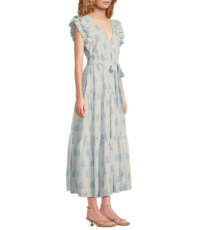 A Loves A Floral Metallic Paisley Print Surplice V-Neck Short Ruffled Sleeve Tiered Maxi Dress