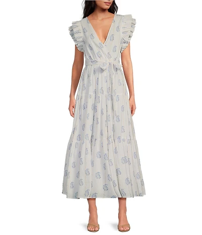 A Loves A Floral Metallic Paisley Print Surplice V-Neck Short Ruffled Sleeve Tiered Maxi Dress