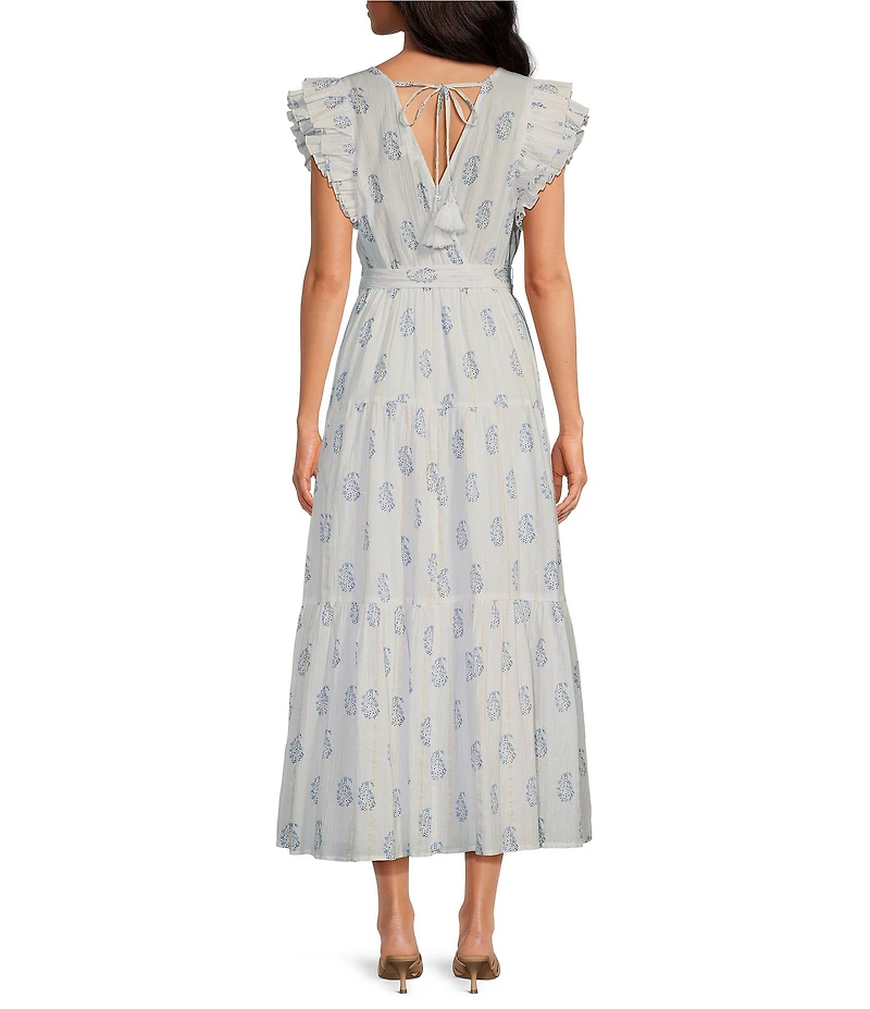 A Loves A Floral Metallic Paisley Print Surplice V-Neck Short Ruffled Sleeve Tiered Maxi Dress