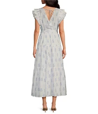 A Loves A Floral Metallic Paisley Print Surplice V-Neck Short Ruffled Sleeve Tiered Maxi Dress