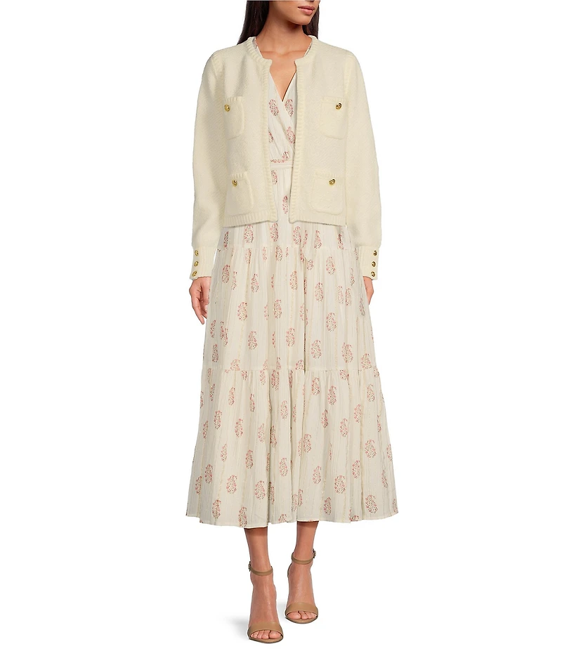 A Loves A Floral Metallic Striped Print Surplice V-Neck Short Ruffled Sleeve Tiered Maxi Dress