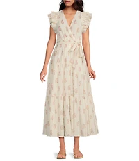 A Loves A Floral Metallic Striped Print Surplice V-Neck Short Ruffled Sleeve Tiered Maxi Dress