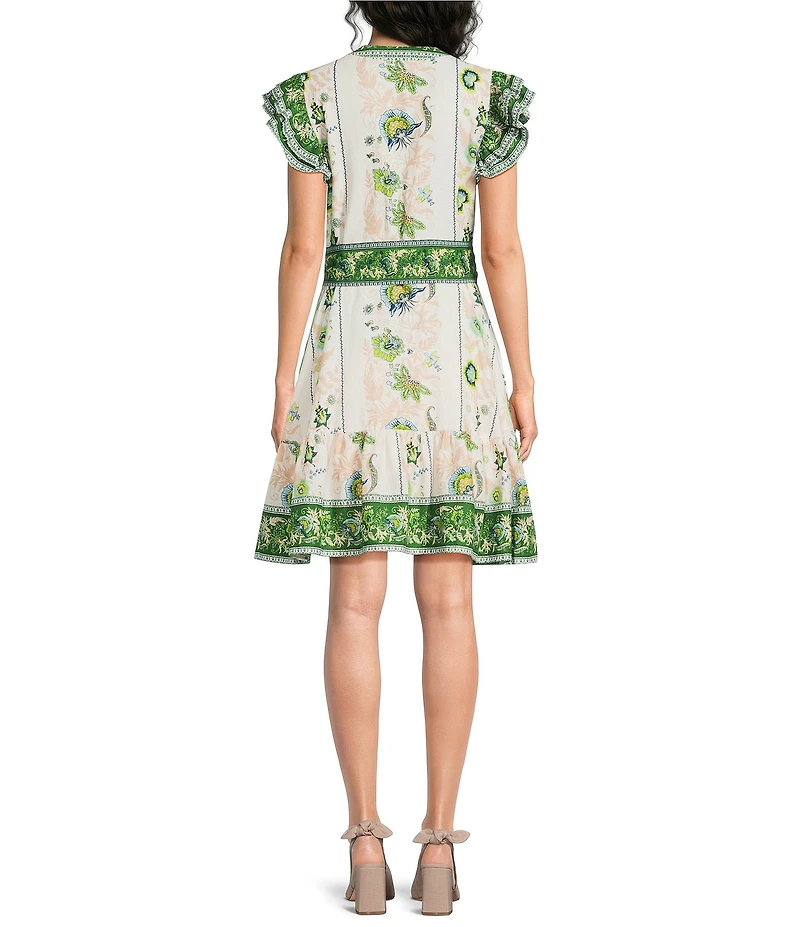 A Loves A Floral Pattern Jewel Neck Ruffle Sleeve Button Front Woven Dress