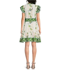 A Loves A Floral Pattern Jewel Neck Ruffle Sleeve Button Front Woven Dress