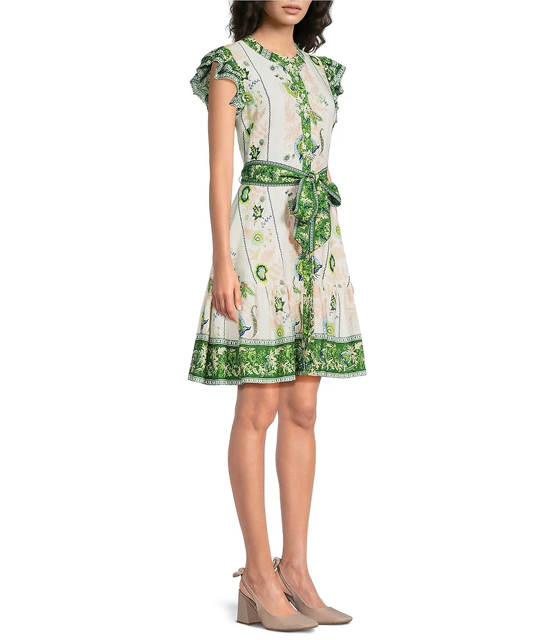 A Loves A Floral Pattern Jewel Neck Ruffle Sleeve Button Front Woven Dress