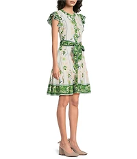 A Loves A Floral Pattern Jewel Neck Ruffle Sleeve Button Front Woven Dress