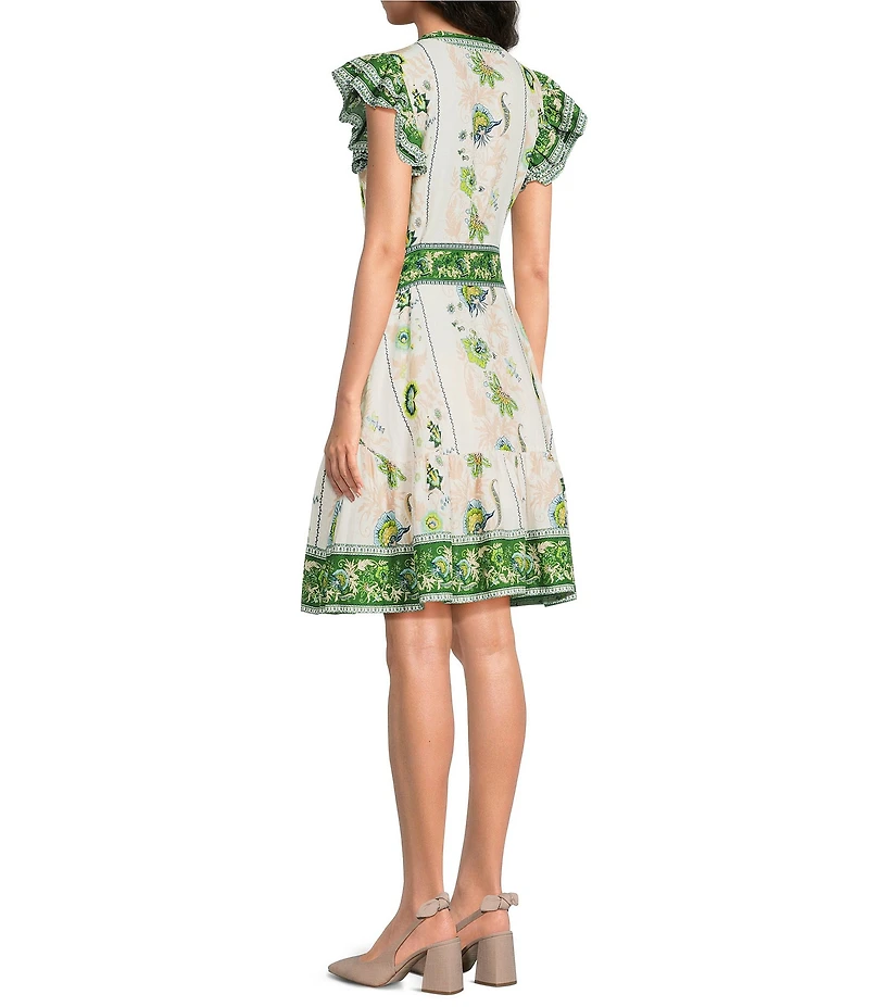 A Loves A Floral Pattern Jewel Neck Ruffle Sleeve Button Front Woven Dress