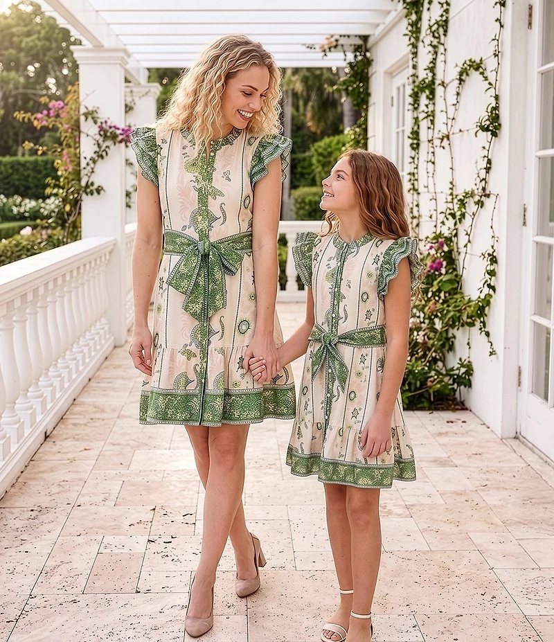 A Loves A Floral Pattern Jewel Neck Ruffle Sleeve Button Front Woven Dress