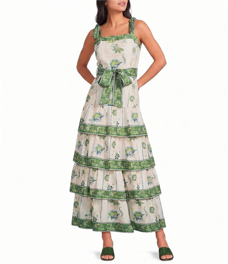 A Loves A Floral Pattern Square Neck Sleeveless Woven Belted Tiered Hem Maxi Dress