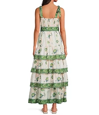 A Loves A Floral Pattern Square Neck Sleeveless Woven Belted Tiered Hem Maxi Dress