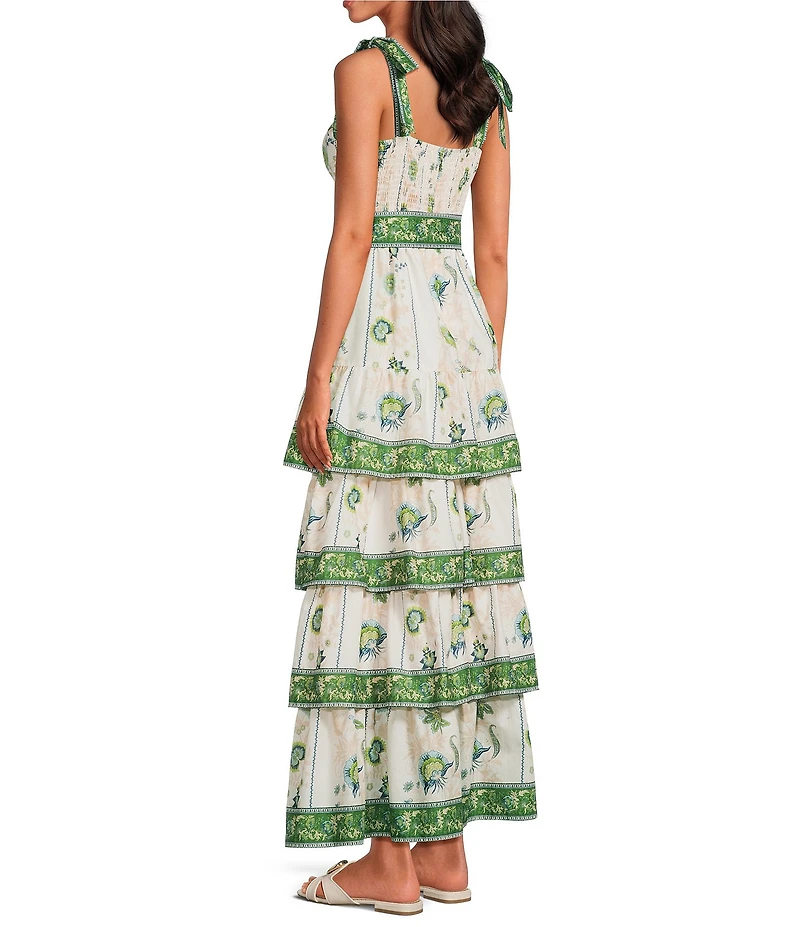 A Loves A Floral Pattern Square Neck Sleeveless Woven Belted Tiered Hem Maxi Dress